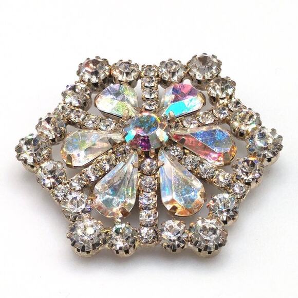 Vintage Aurora Borealis Rhinestone Brooch, Wedding Pin, Mid-Century, 1 7/8 Inch - Picture 9 of 10